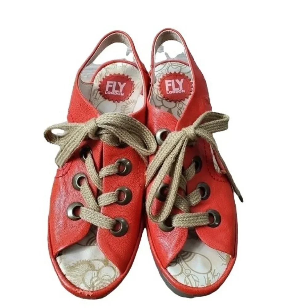Fly London Women's Wedge Shoe Ylfa Red Lace Up Sandal Sz 8-8.5M EU 39